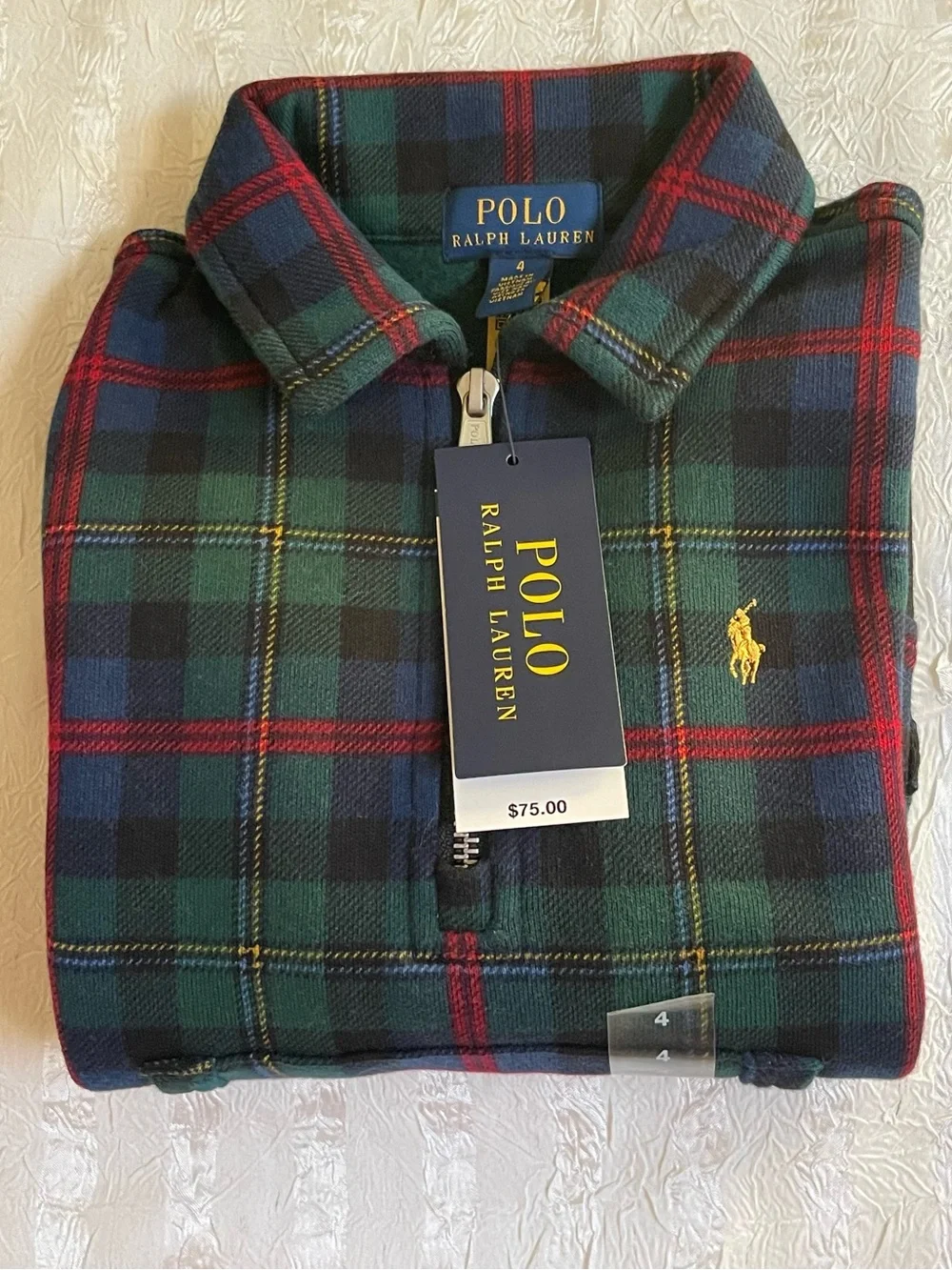 Ralph Lauren Green Navy Plaid Half‑Zip Sweater with Black Trim Kid Sz 4